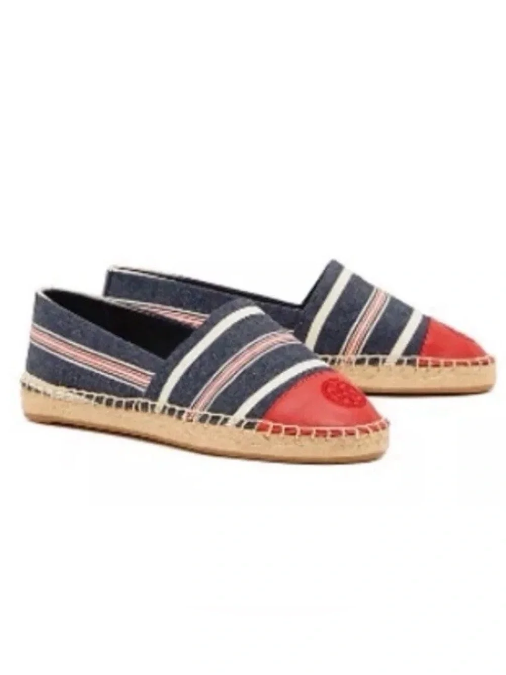 Tory Burch Red Blue White Stripe Cap Toe Colorblock Leather Espadrilles Size: 9